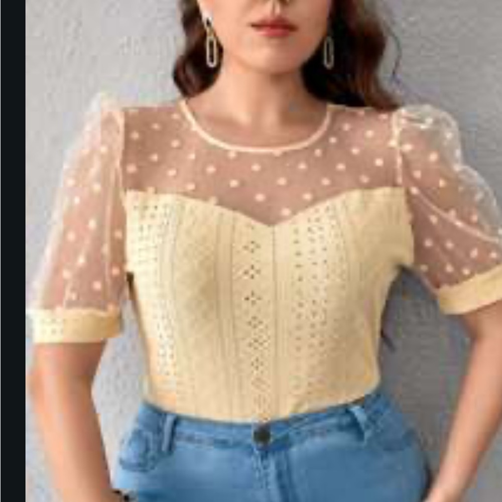 Beige polka dot embroidered top NWOT